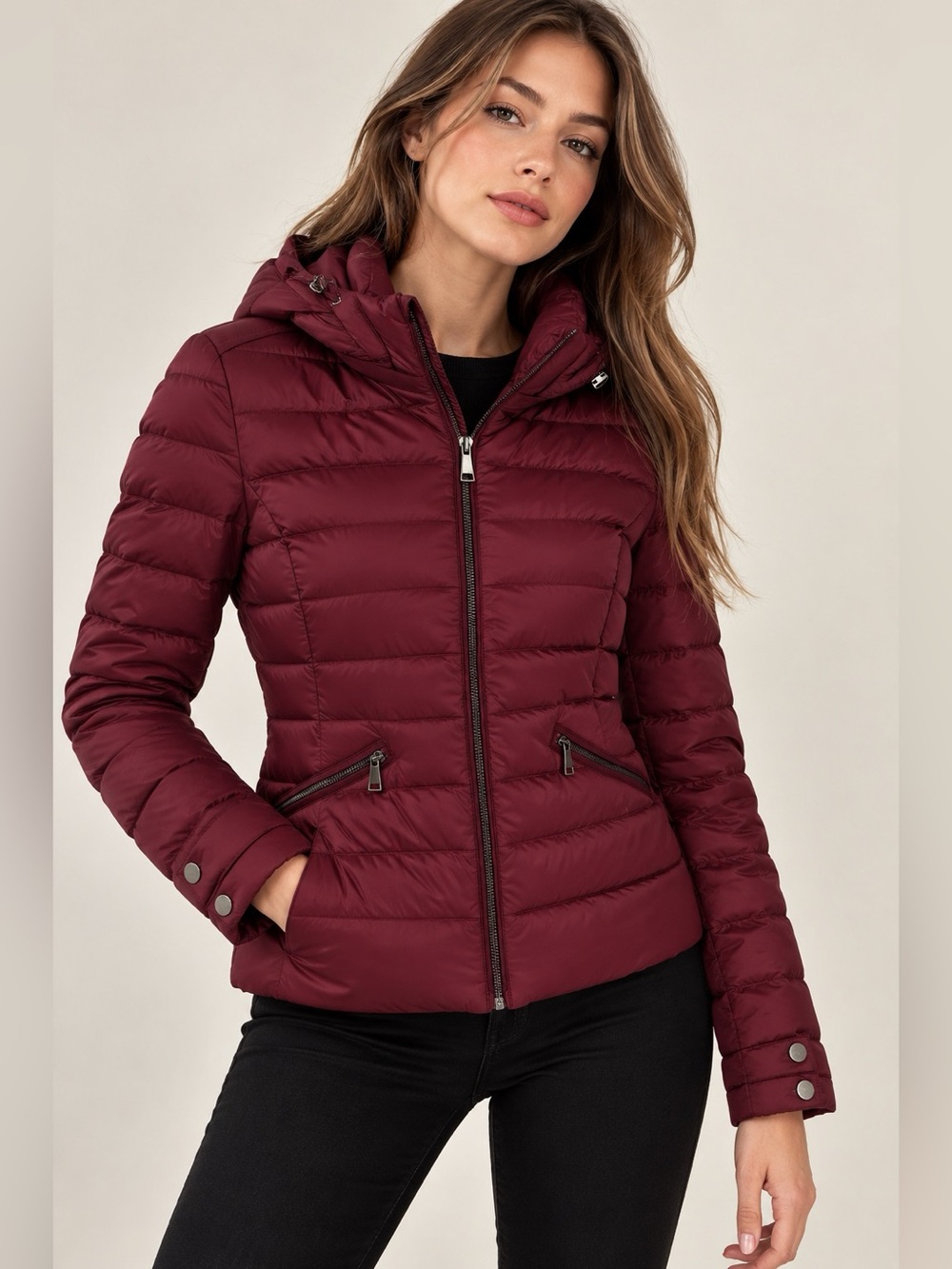 Massimo Dutti Burgundy Hooded Quilted Puffer Jacket Size S